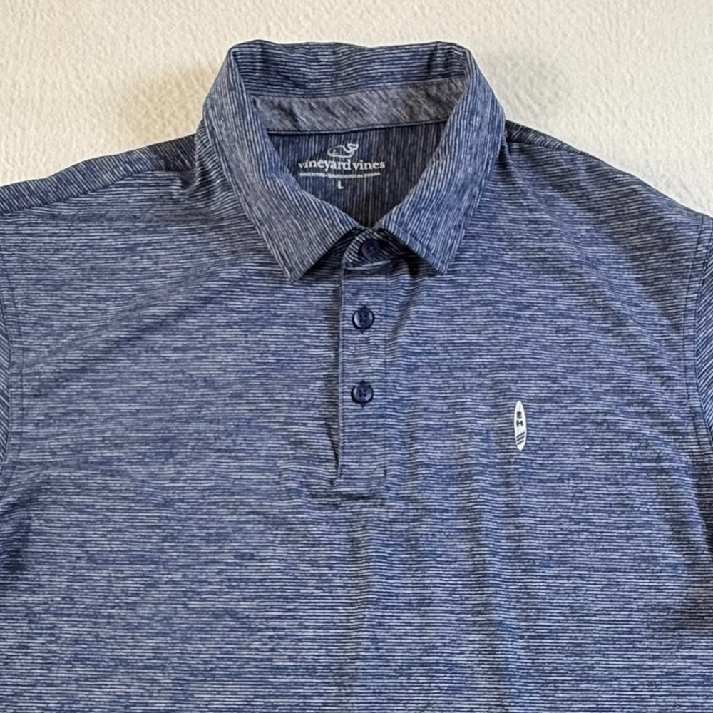 Vineyard Vines Polo Shirt Mens Large Performance Surfboard Logo Blue Heather